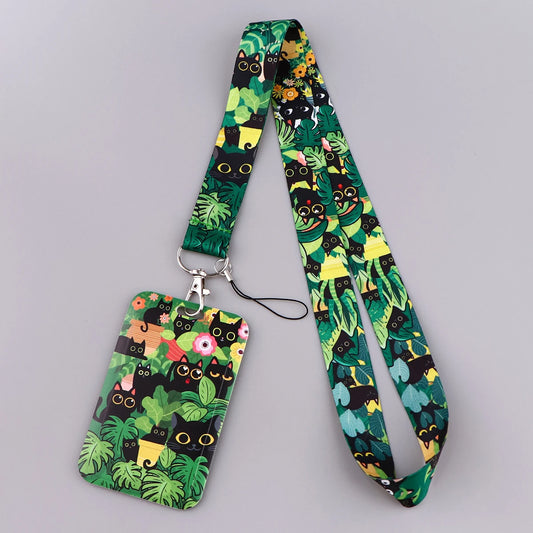 Black Cat Neck Strap Green Plants Lanyards for Key ID Card Gym Phone Strap Charm USB Badge Holder Rope Pendant Key Chain Gift